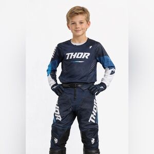Thor Pulse Size Youth Medium Kids' Blue & White Racing Top & Pants Set Motoross